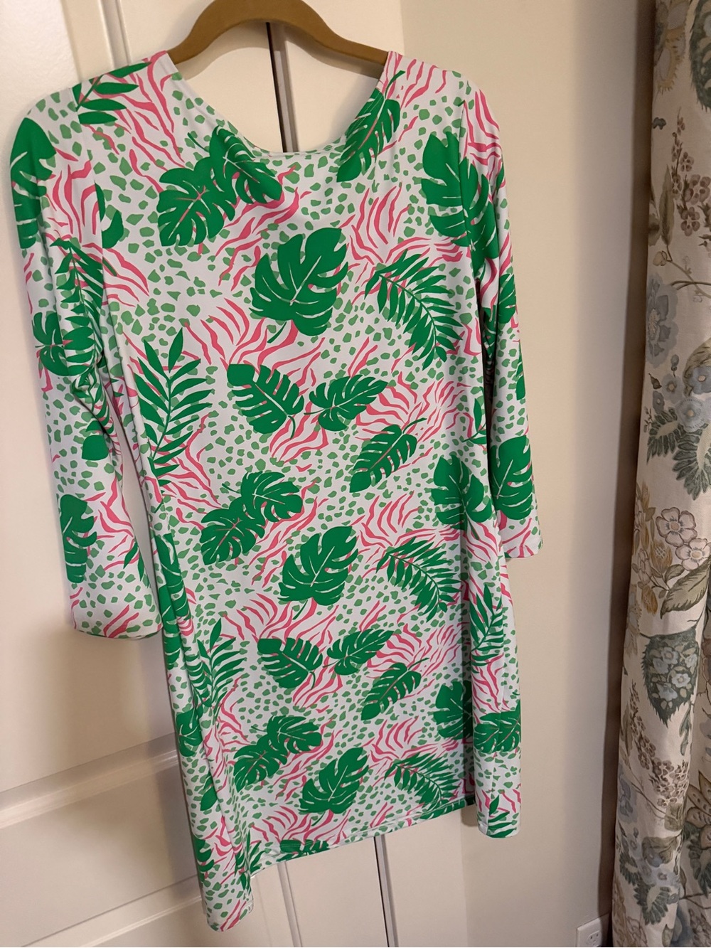 Melly M Tropical Palm Print Bell Sleeve Dress Size Large Made in USA